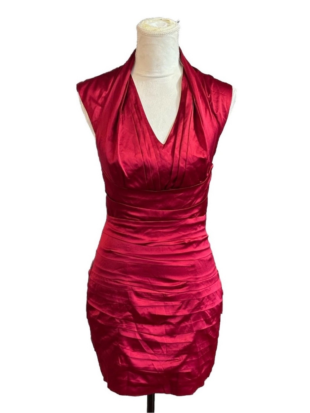Express Red Satin V-Neck Ruched Mini Dress